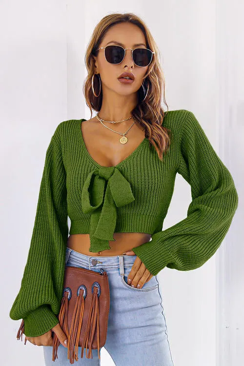 Alice Long Bishop Sleeve Cropped Sweater with Bow | 4 colors | Poundton