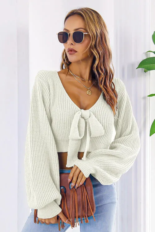 Alice Long Bishop Sleeve Cropped Sweater with Bow | 4 colors | Poundton