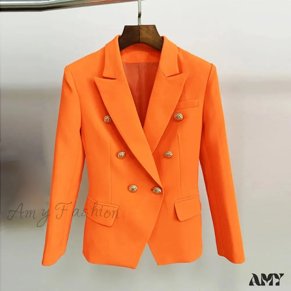 Amy Fashion - Classic Double Breasted Metal Lion Buttons Blazer