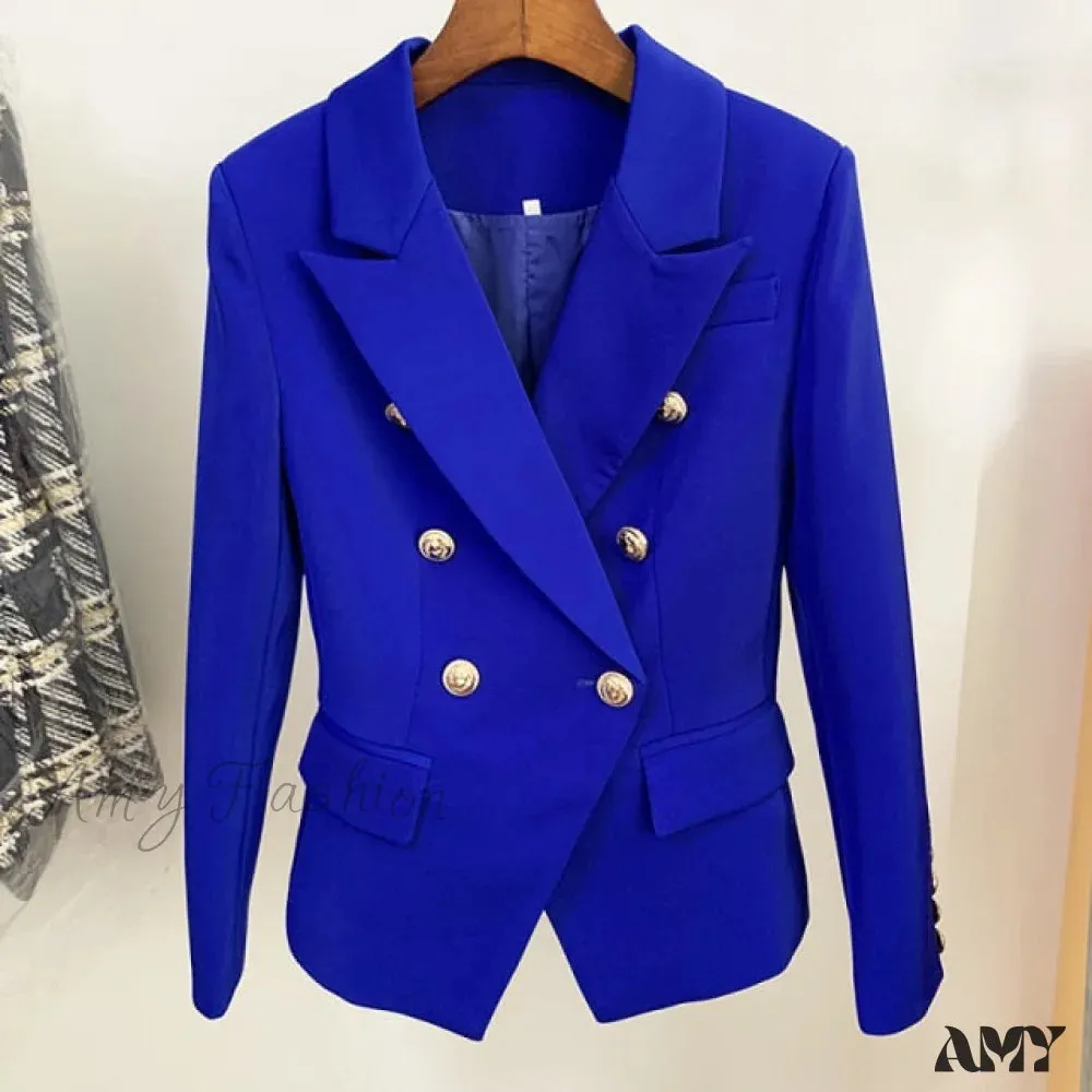 Amy Fashion - Classic Double Breasted Metal Lion Buttons Blazer