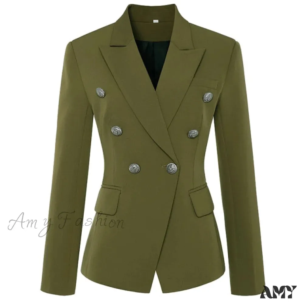 Amy Fashion - Classic Double Breasted Metal Lion Buttons Blazer