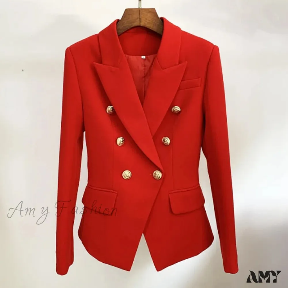 Amy Fashion - Classic Double Breasted Metal Lion Buttons Blazer