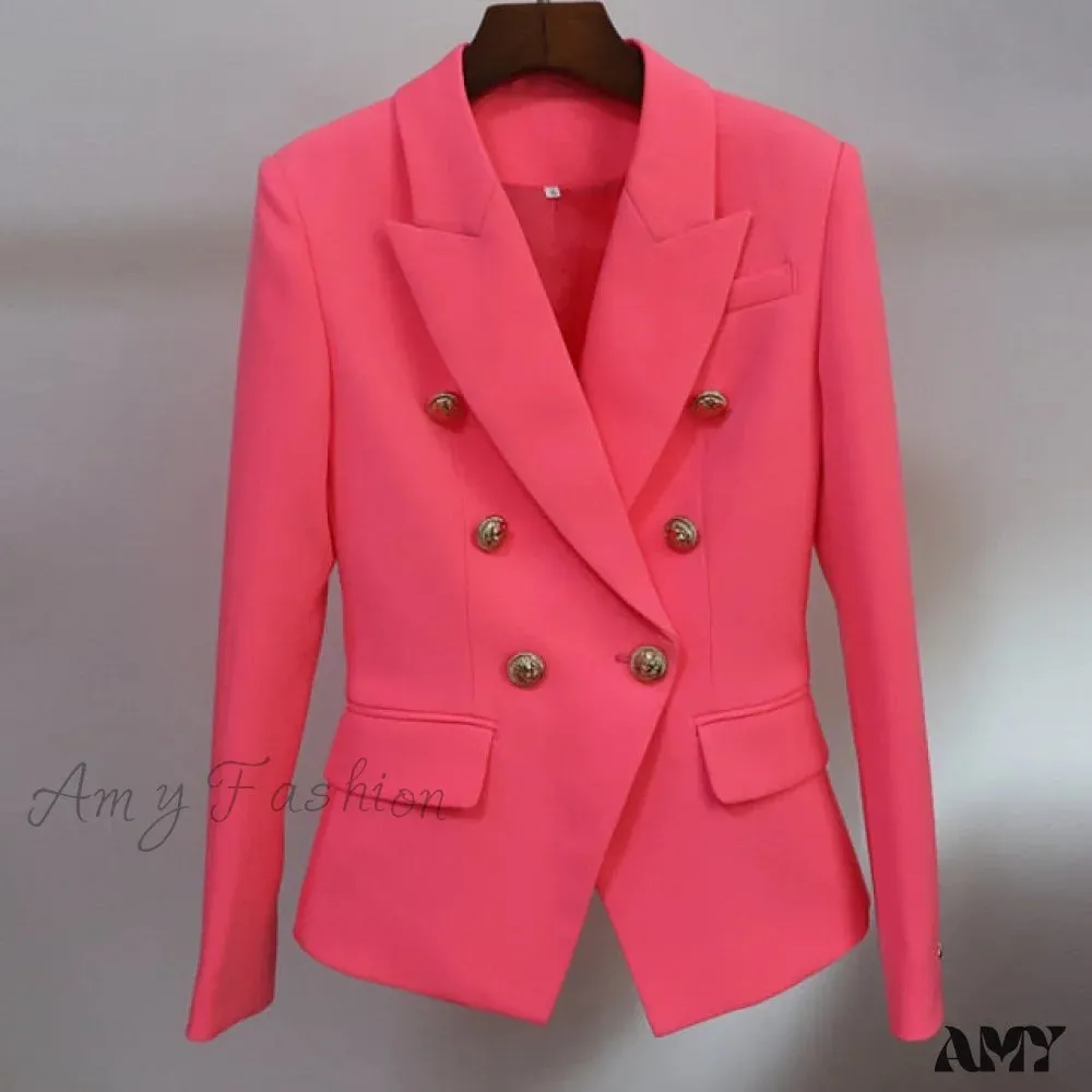 Amy Fashion - Classic Double Breasted Metal Lion Buttons Blazer