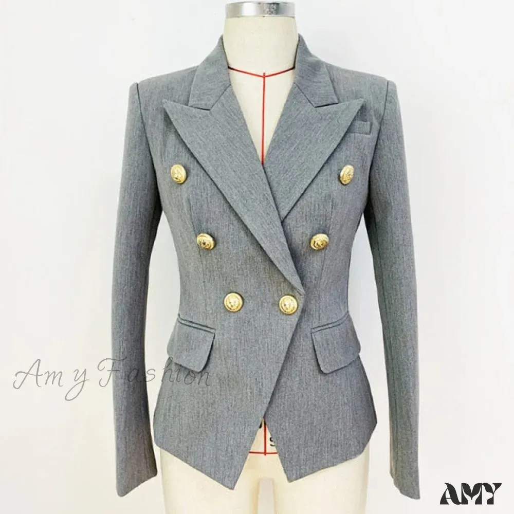 Amy Fashion - Classic Double Breasted Metal Lion Buttons Blazer