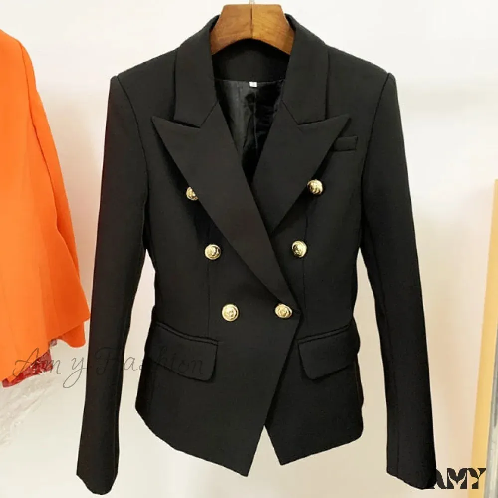 Amy Fashion - Classic Double Breasted Metal Lion Buttons Blazer