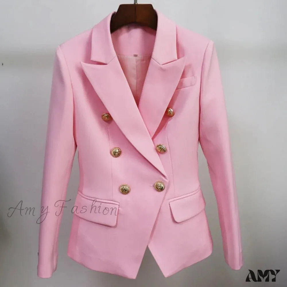 Amy Fashion - Classic Double Breasted Metal Lion Buttons Blazer