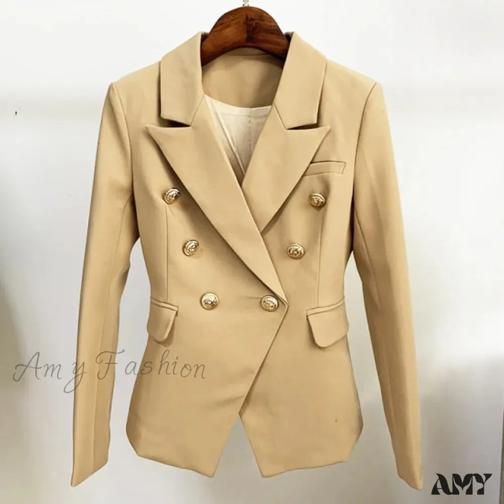 Amy Fashion - Classic Double Breasted Metal Lion Buttons Blazer