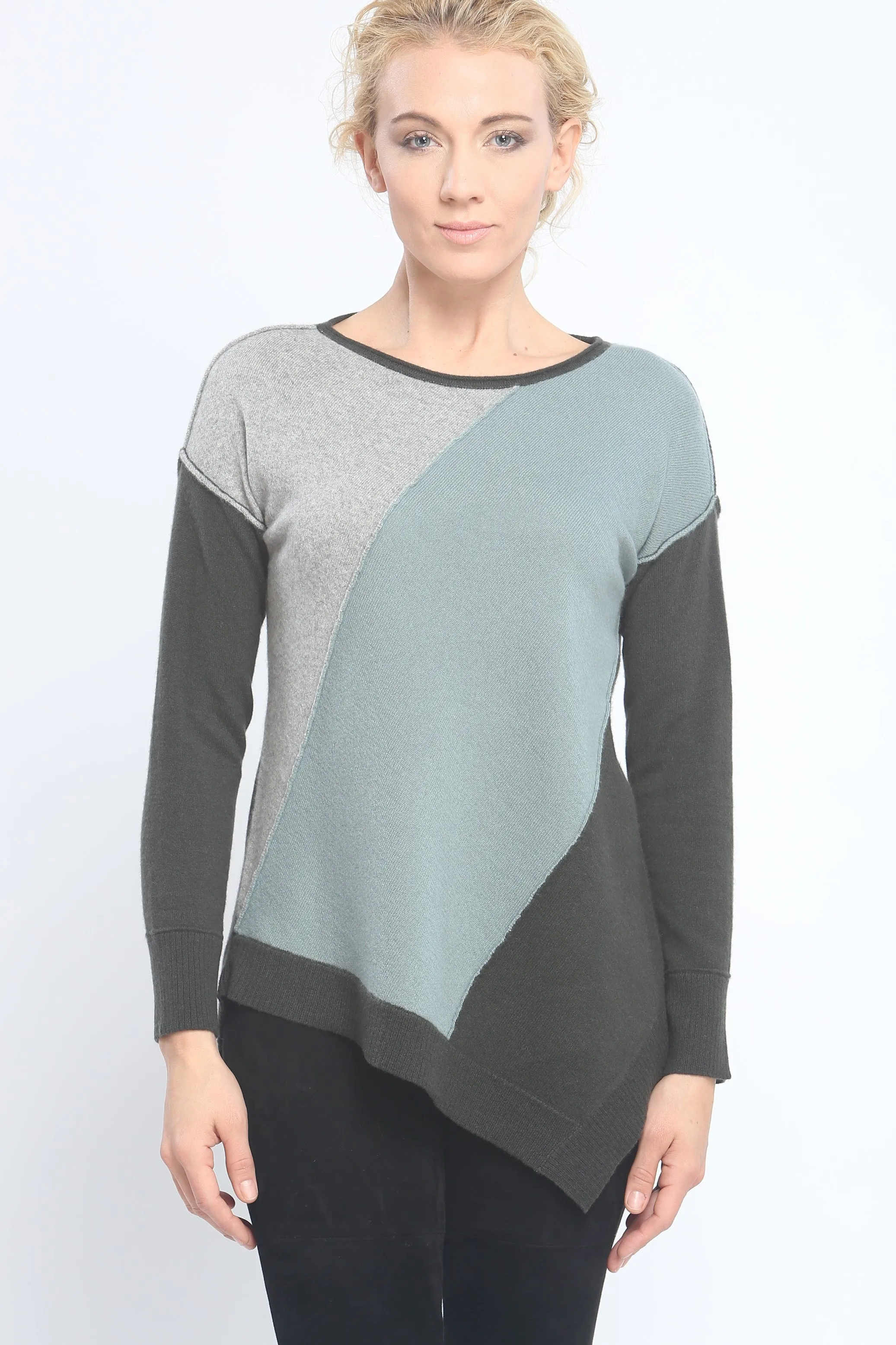 Asymmetrical Color Block Crewneck Sweater in Mongolia Cashmere