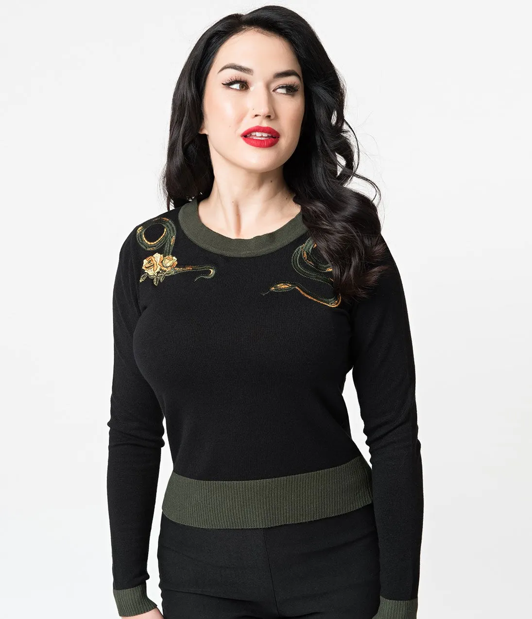 Black & Green Serpent Long Sleeve Knit Sweater Top