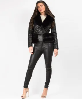 Black Faux Fur Trim PU PVC Belted Biker Jacket