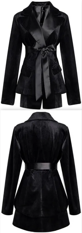 Black Velvet Blazer with Tie-Belt