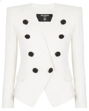 Blanc Crepe Collarless Double Breasted Jacket