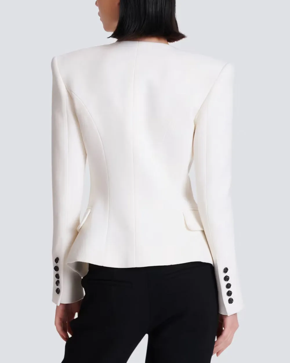 Blanc Crepe Collarless Double Breasted Jacket