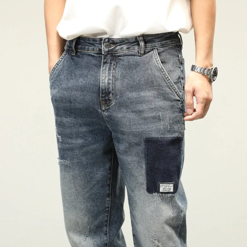 Contrast Patchwork Distressed Loose Jeans