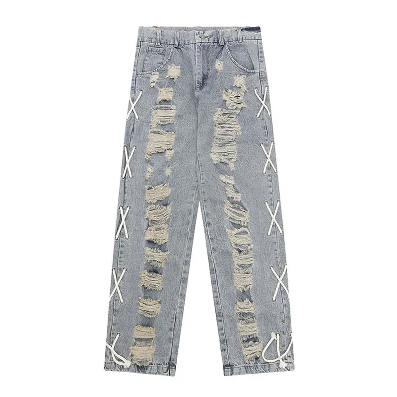 Cross-Laced Distressed Jeans