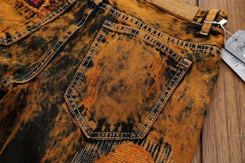 Destroyed Print Hole Abstract Soil Color Mens Ripped Jeans