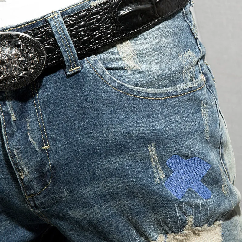 Distressed Holes with Mixed Colored Shapes Patched Men Jeans