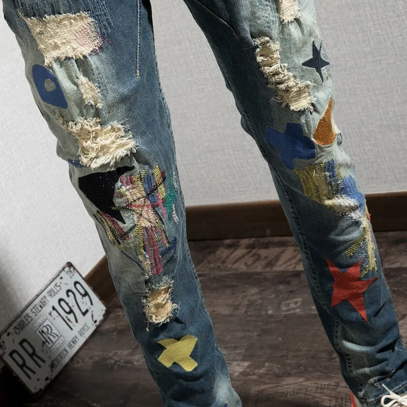 Distressed Holes with Mixed Colored Shapes Patched Men Jeans