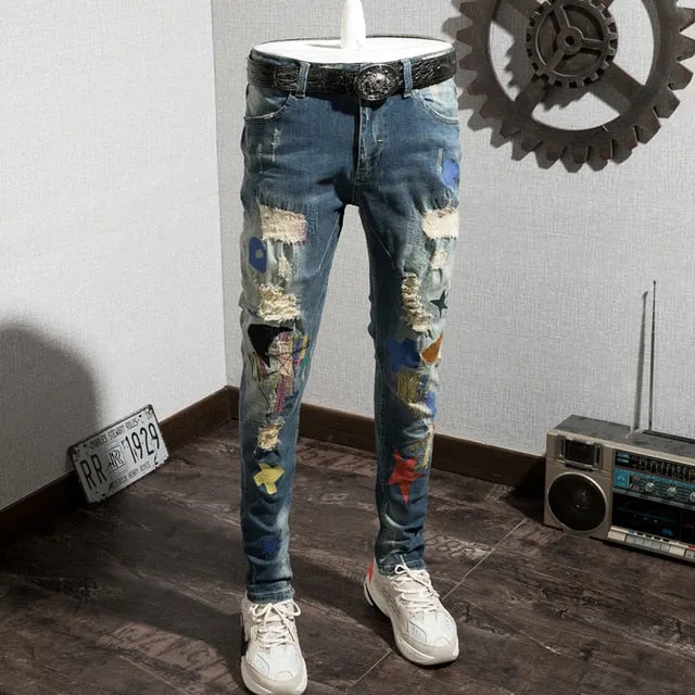 Distressed Holes with Mixed Colored Shapes Patched Men Jeans