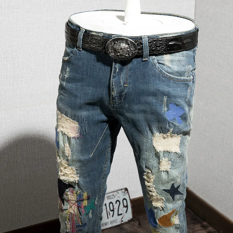 Distressed Holes with Mixed Colored Shapes Patched Men Jeans