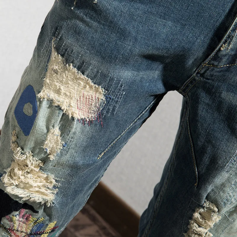 Distressed Holes with Mixed Colored Shapes Patched Men Jeans