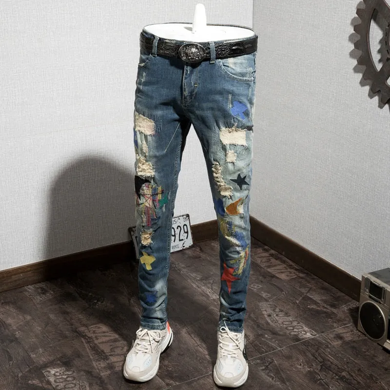 Distressed Holes with Mixed Colored Shapes Patched Men Jeans