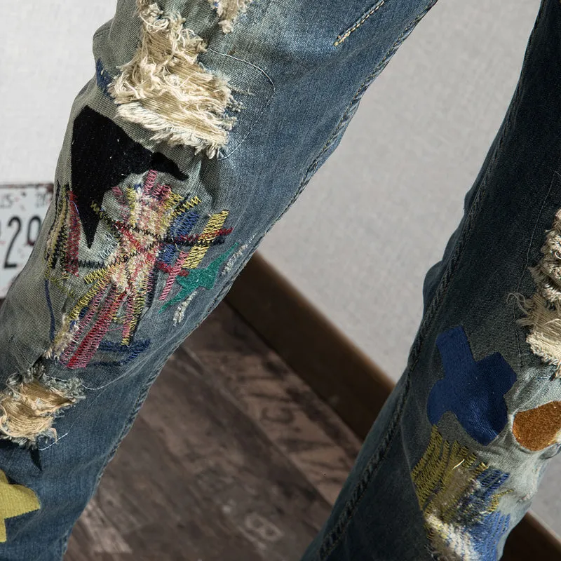 Distressed Holes with Mixed Colored Shapes Patched Men Jeans