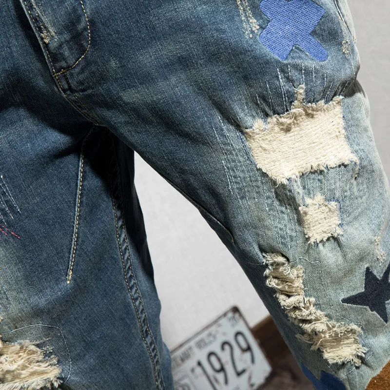 Distressed Holes with Mixed Colored Shapes Patched Men Jeans