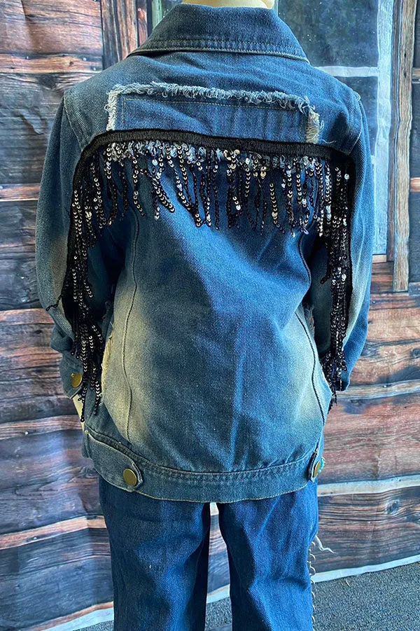 DLH2551 Wash denim blue long sleeve fringe & pockets girls denim jacket/coats