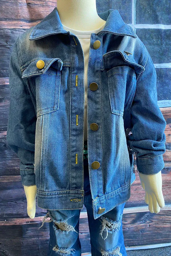 DLH2551 Wash denim blue long sleeve fringe & pockets girls denim jacket/coats