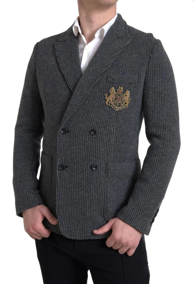 Dolce & Gabbana Gray Logo Embroidery Double Breasted Blazer