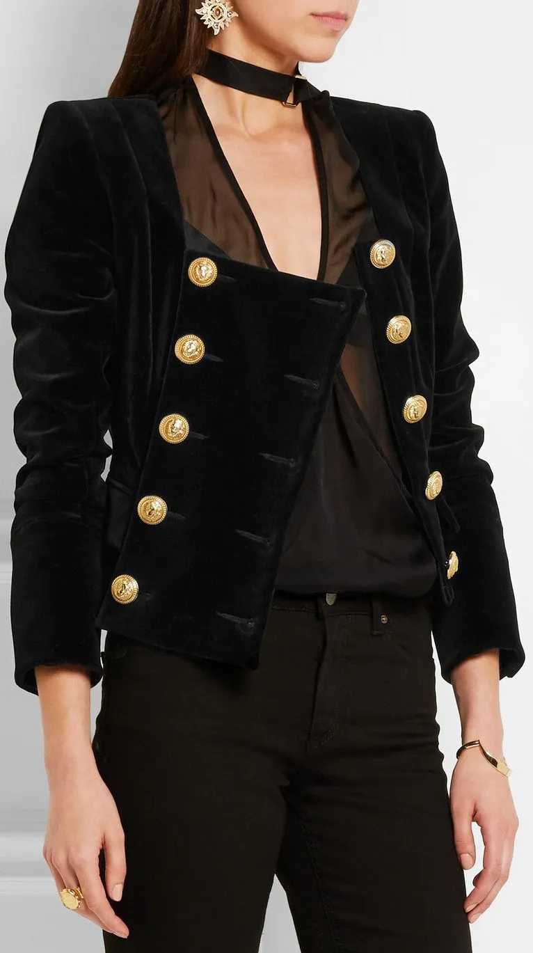 Double-Breasted Black Velvet Jacket