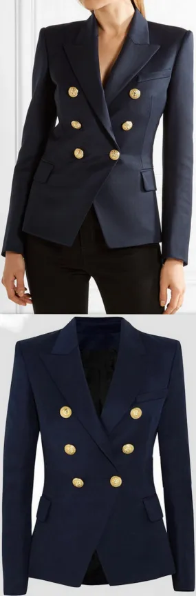 Double-Breasted Cotton-Blend Blazer-Dark Blue