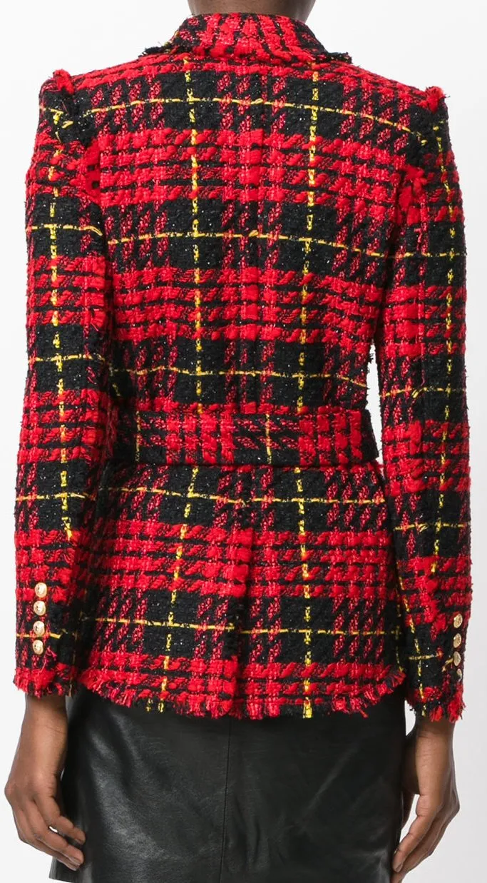 Double-Breasted Plaid Tweed Blazer