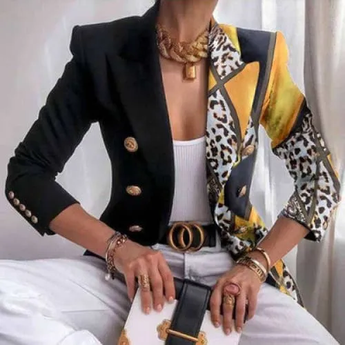 Double Breasted Print Design Lapel Collar Blazer