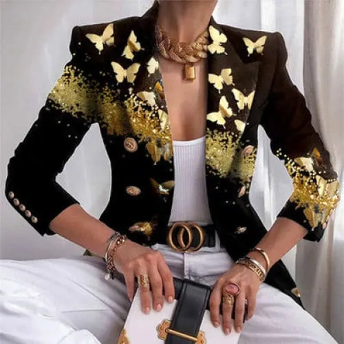 Double Breasted Print Design Lapel Collar Blazer