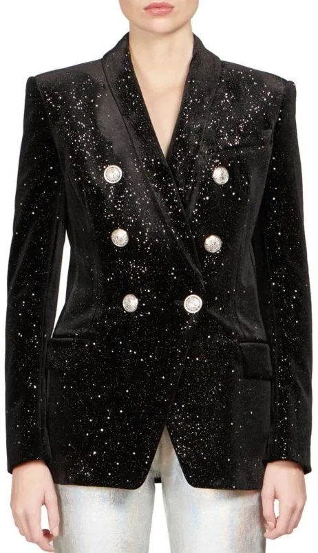 Double-Breasted Star-Glitter Velvet Blazer