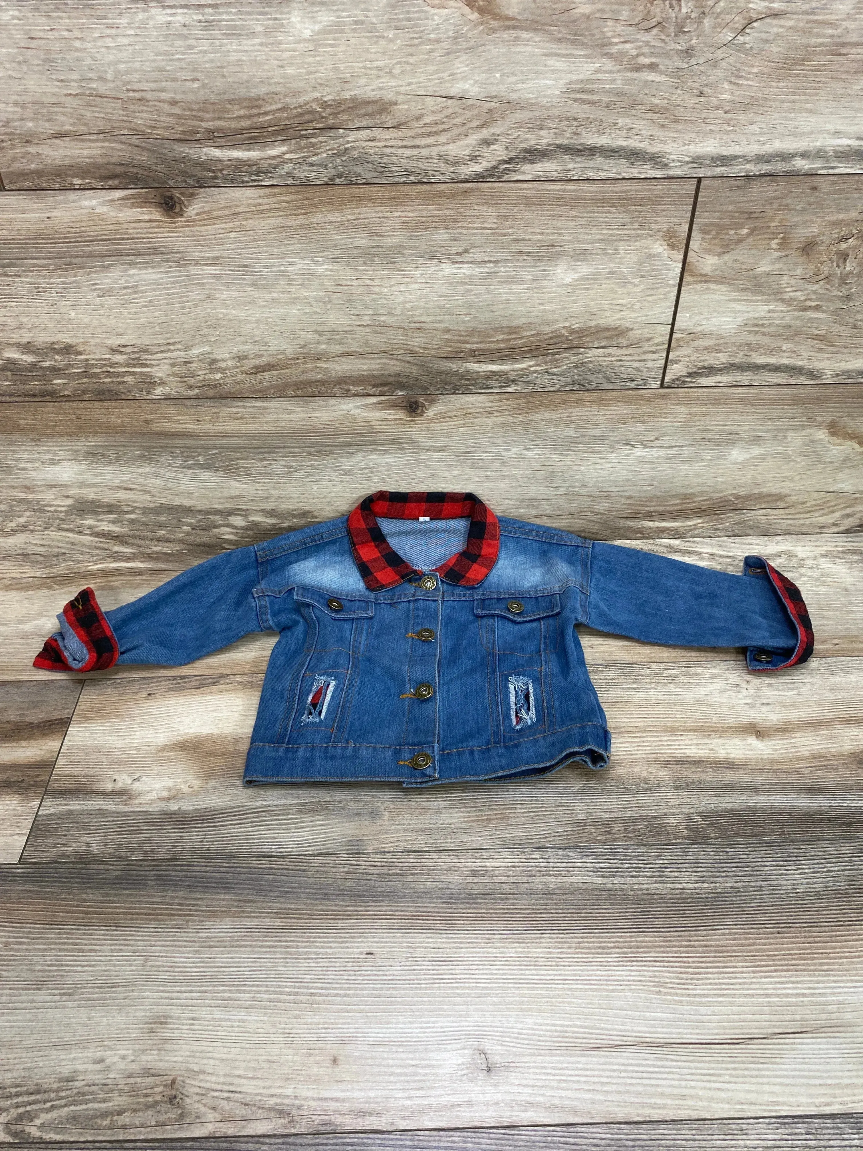 Faxson Red Buffalo Plaid Button Up Denim Jacket sz 18-24m