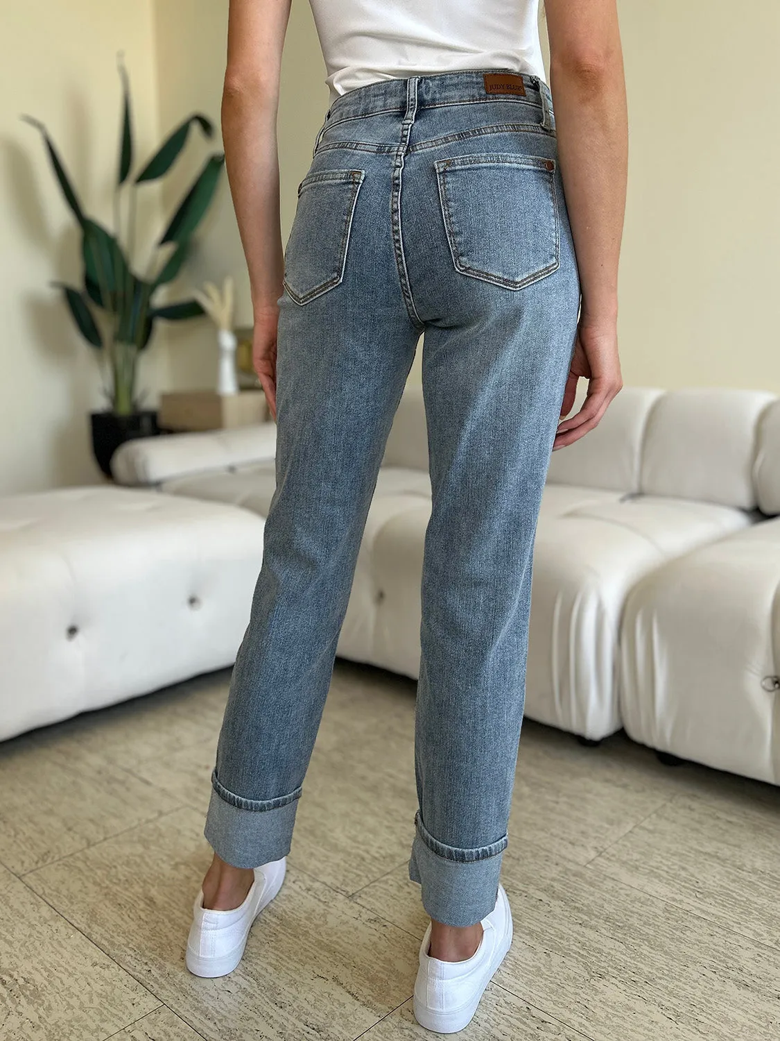 Full Size High Waist Cuff Hem Skinny Jeans