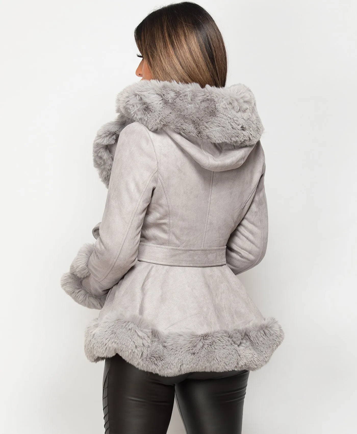 Grey Faux Suede Fur Trim Hem Hooded Swing Jacket