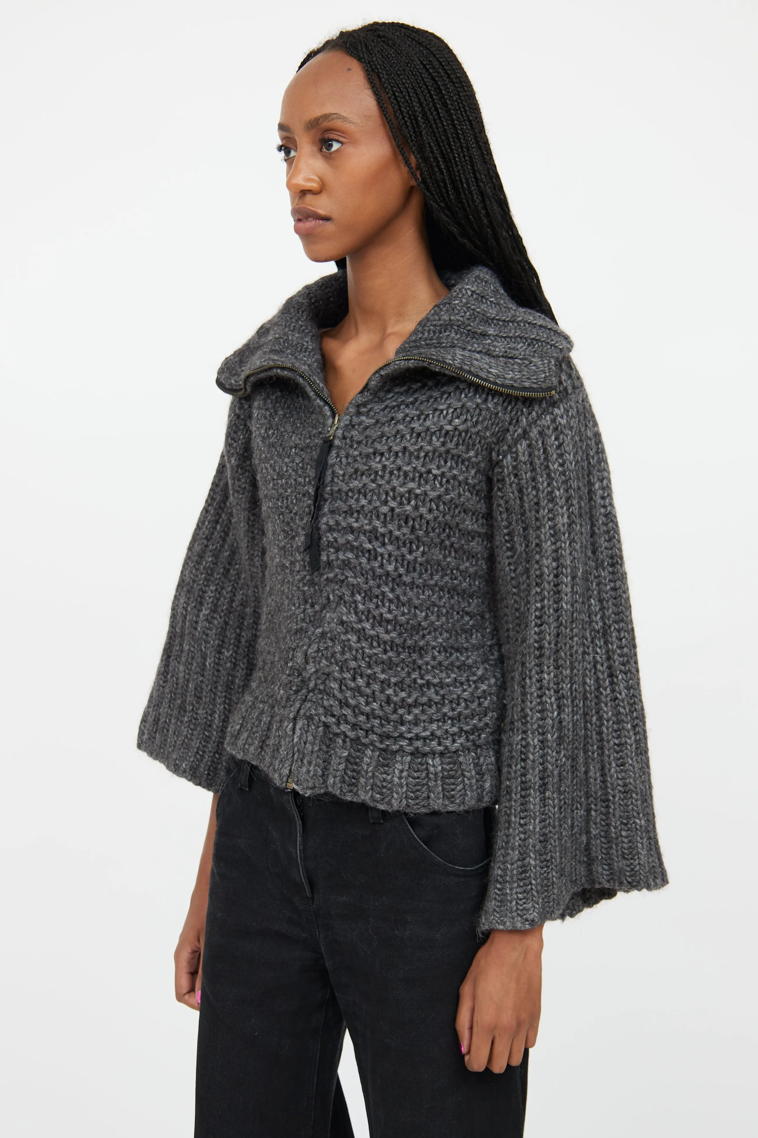 Grey Funnel Neck Knit Sweater