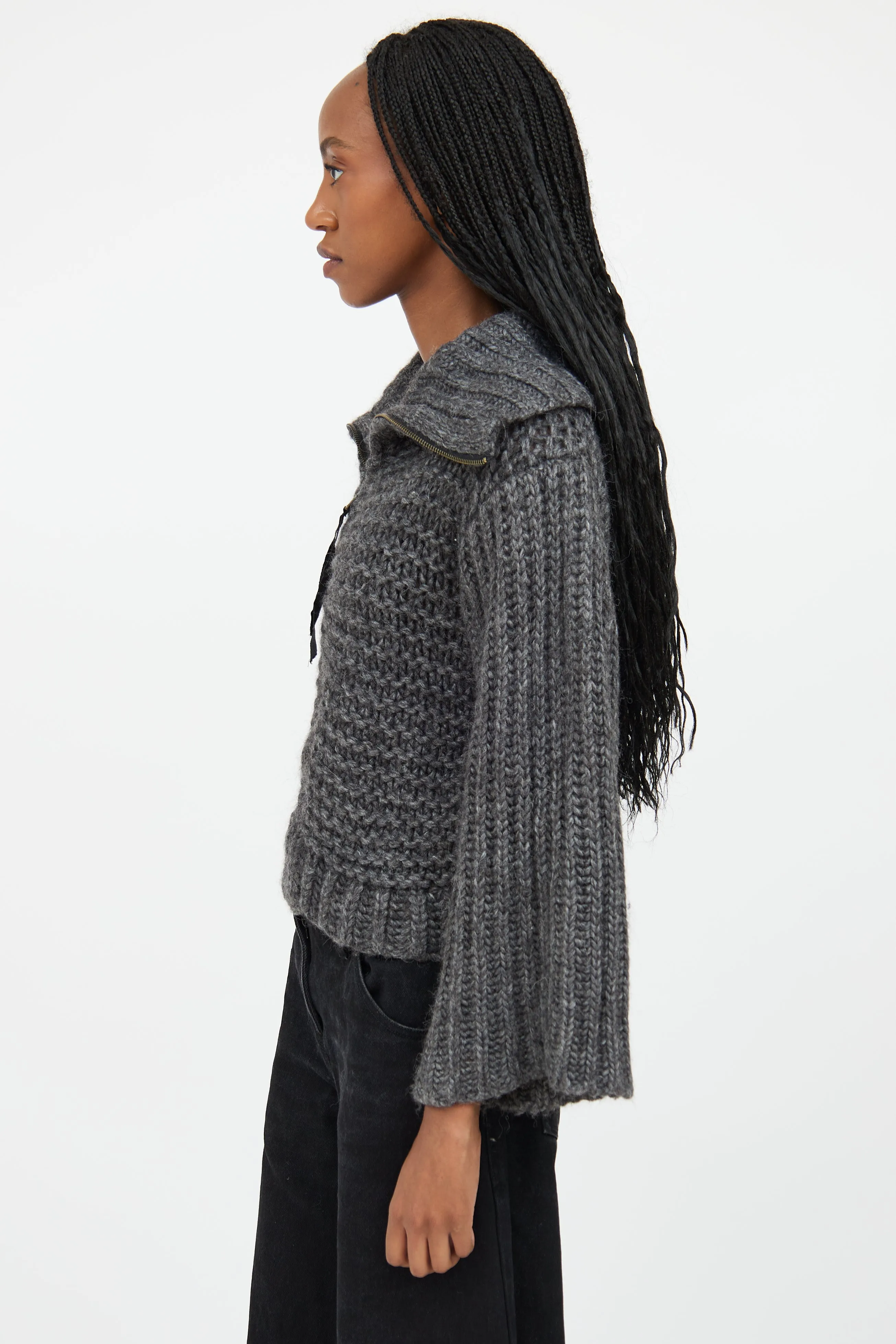 Grey Funnel Neck Knit Sweater