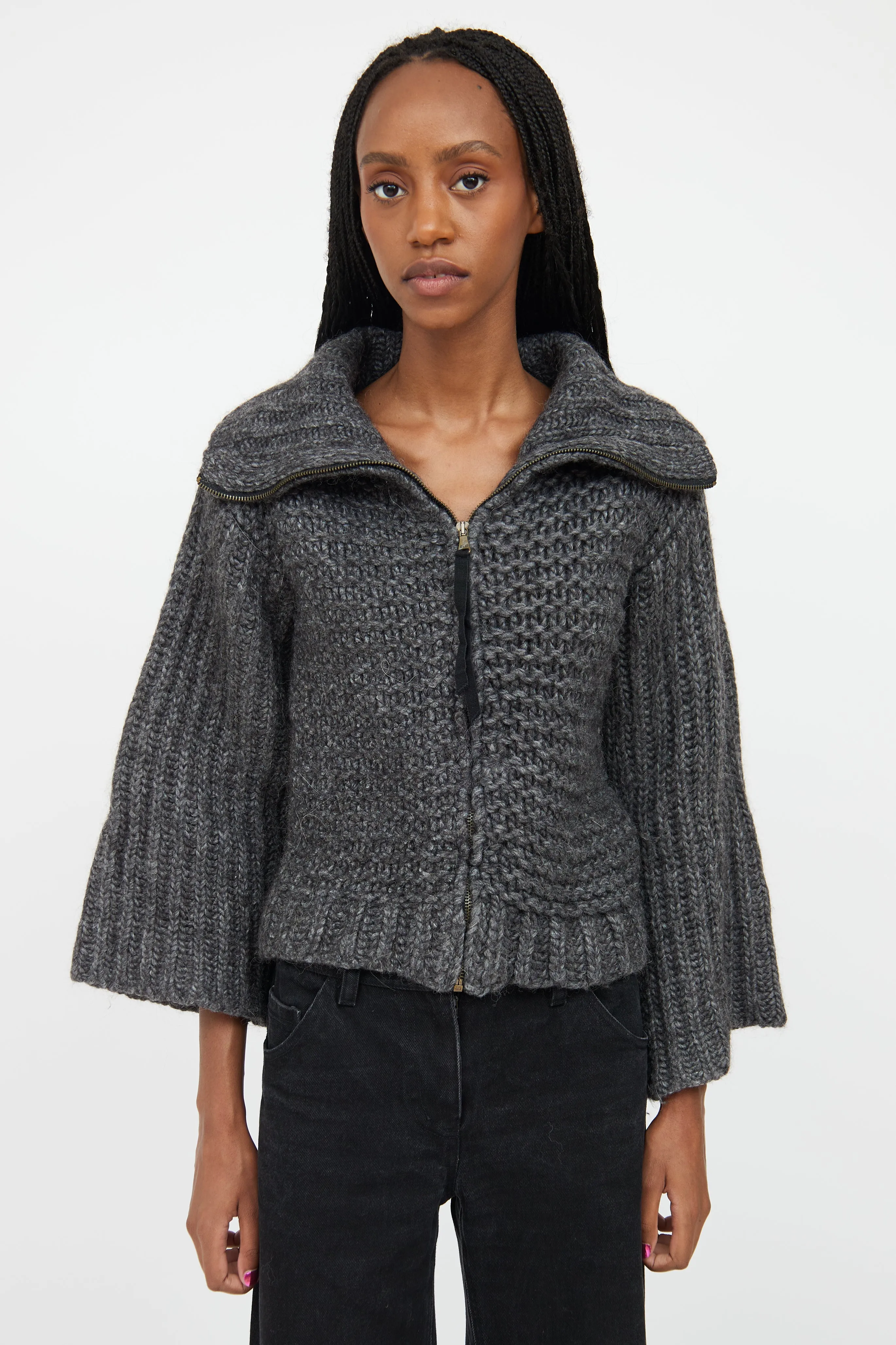 Grey Funnel Neck Knit Sweater