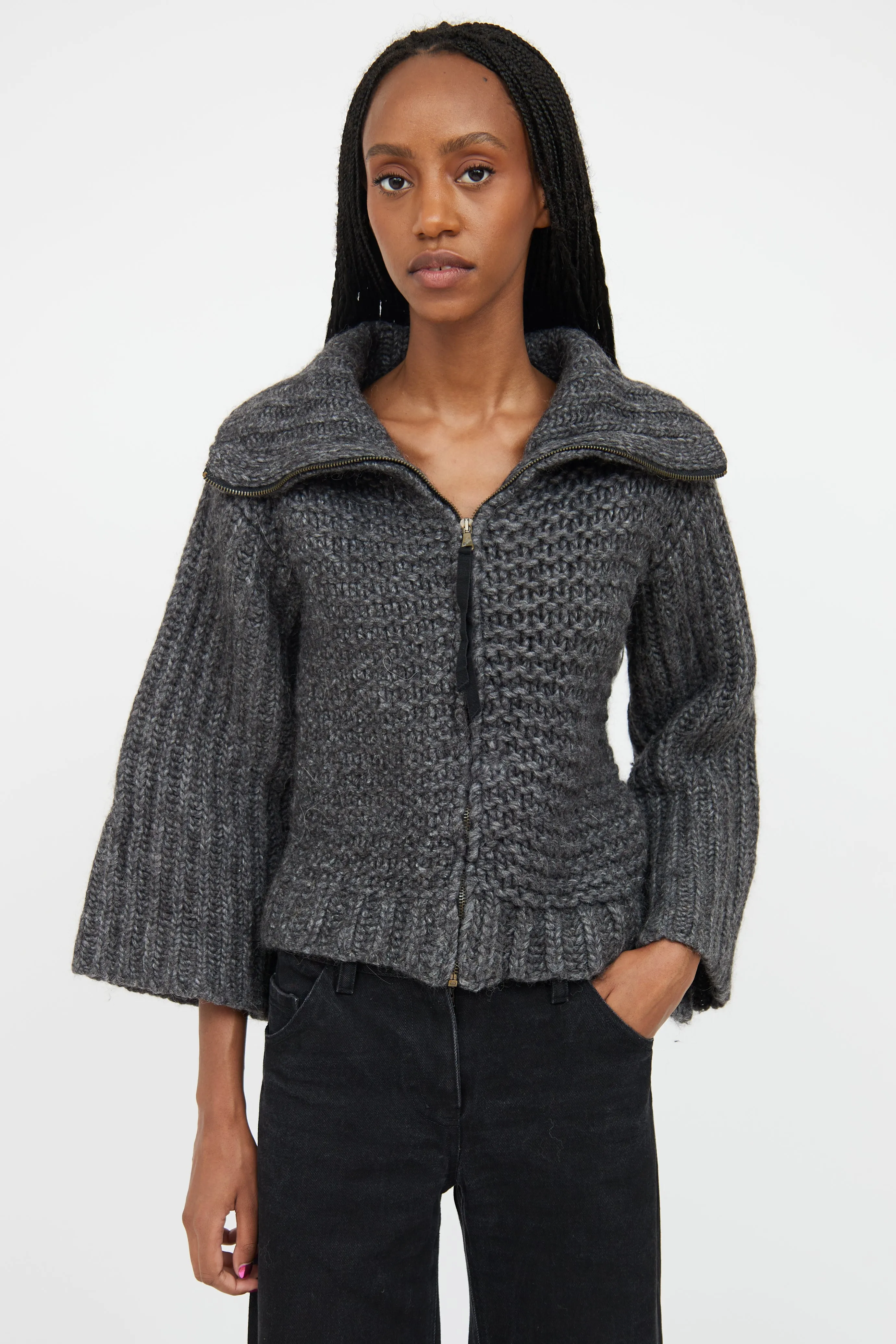 Grey Funnel Neck Knit Sweater