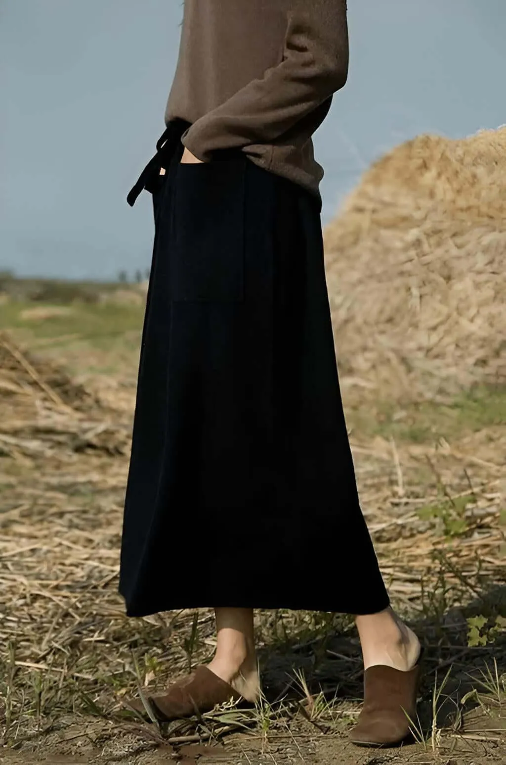 High Waist Cashmere Wool Long Skirt With Pockets