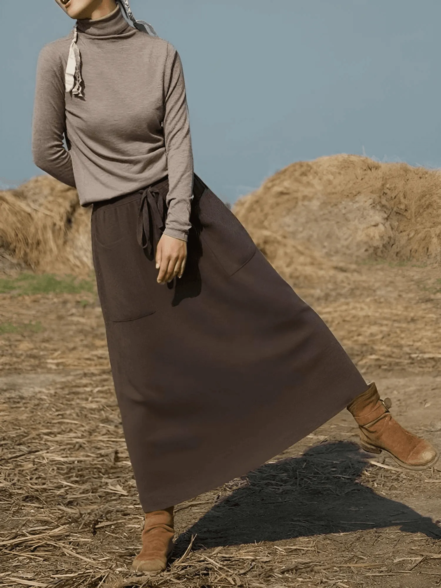 High Waist Cashmere Wool Long Skirt With Pockets