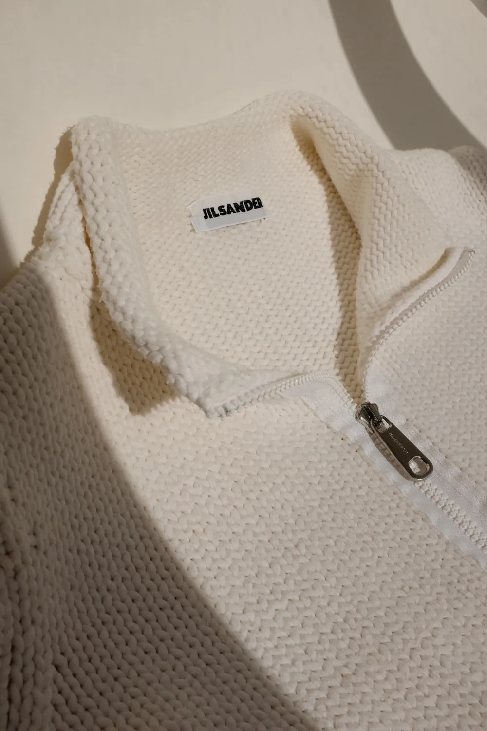 JIL SANDER WHITE COTTON ZIP TROYER KNIT