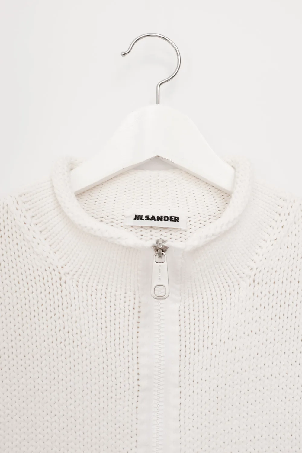 JIL SANDER WHITE COTTON ZIP TROYER KNIT