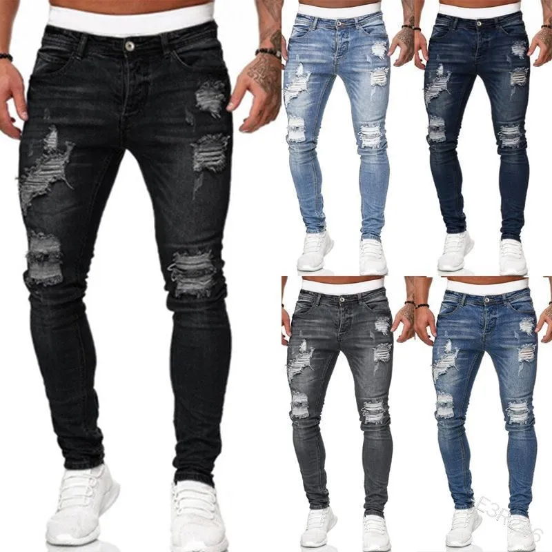 Men's Pocket Ripped Skinny Destroyed Tapered Leg Jeans-8846