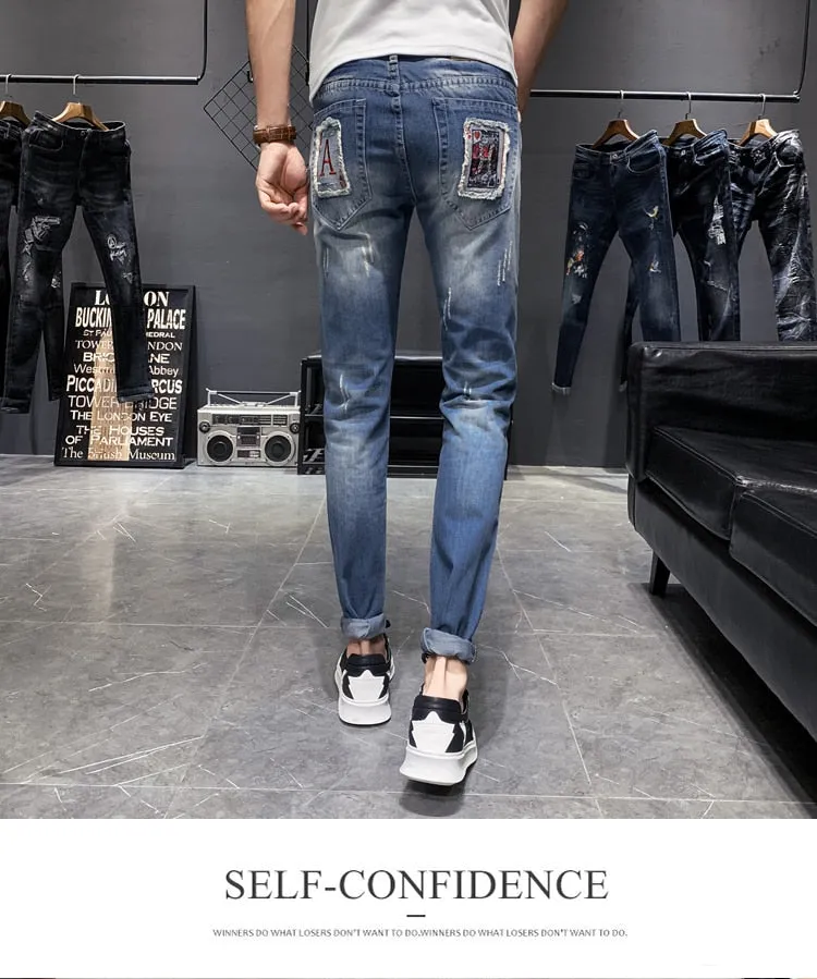 Multi Squares Patched Hip Hop Ripped Style Men Jeans